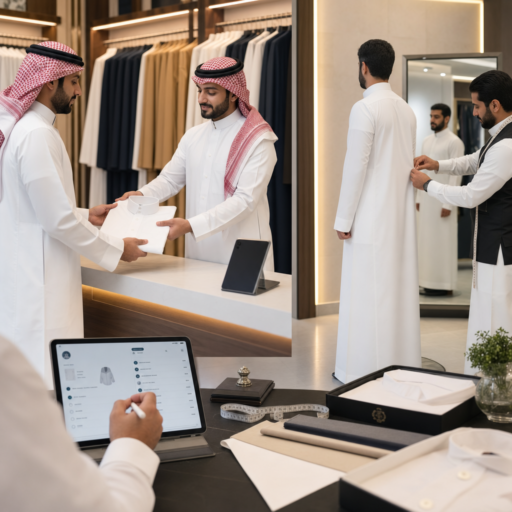 إدارة التعديلات والاستلام والتسليم في محل الثوب السعودي